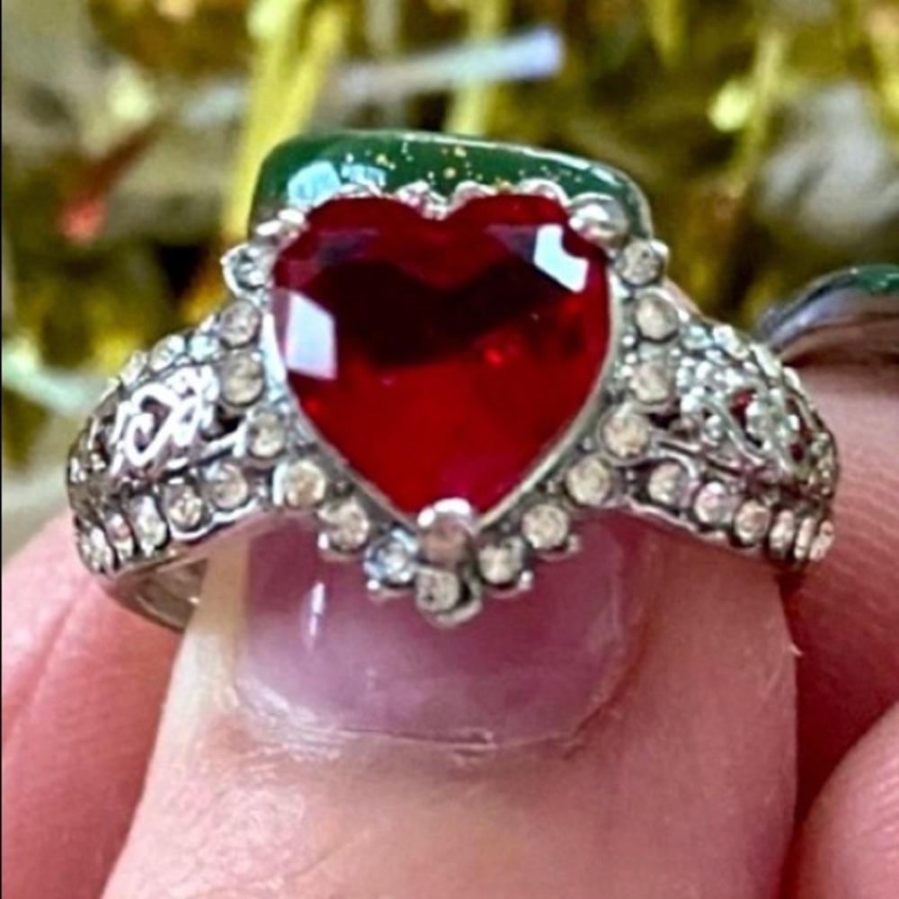Pretty Ruby Heart w/Diamonds Sterling Silver Ring NEW Sizes 6-8